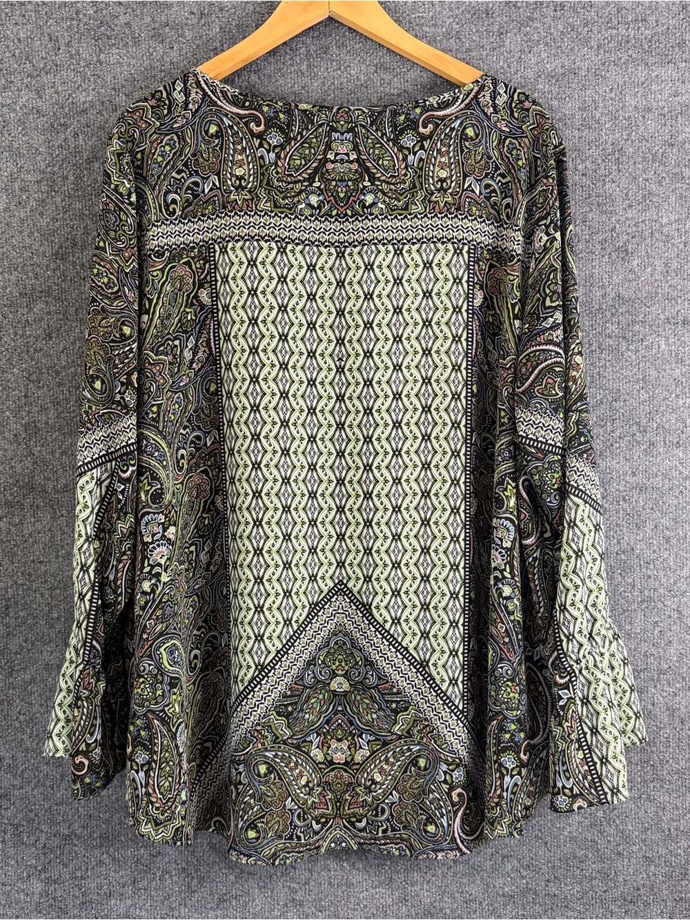 Belle Kim Gravel Womens 3X Boho Top Green Paisley Long Sleeve Office Casual - Picture 2 of 8